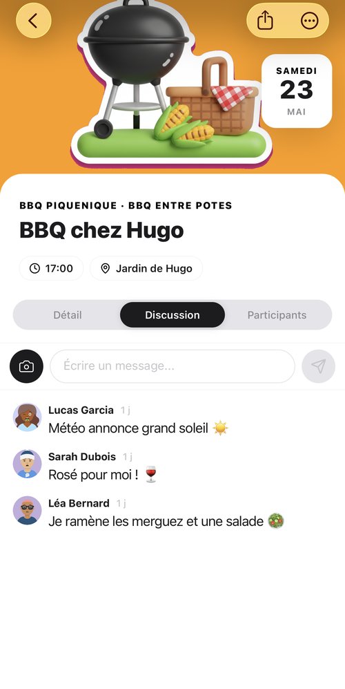 Discussion d'un BBQ : photos de profil et messages des participants