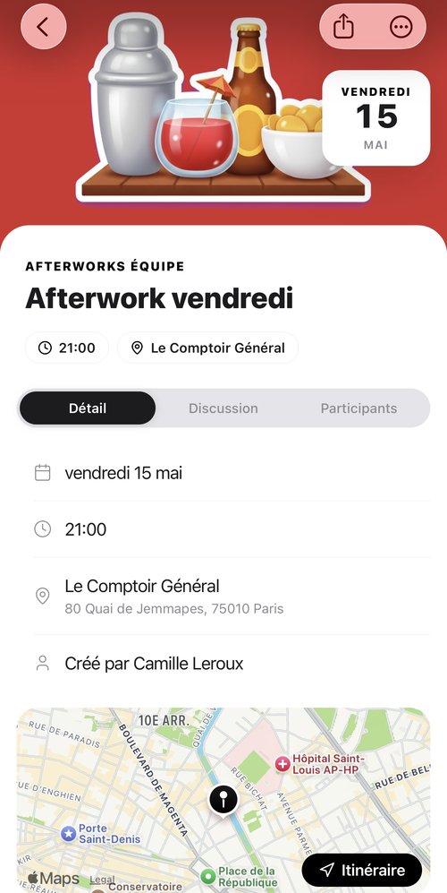 Page d'événement Afterwork vendredi avec date, heure, lieu et carte