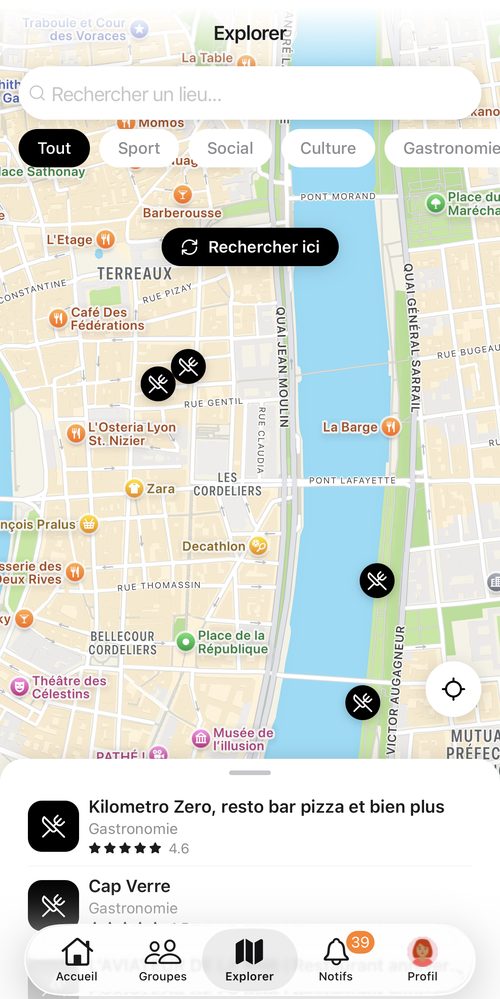 Explorer : carte du quartier avec lieux à proximité